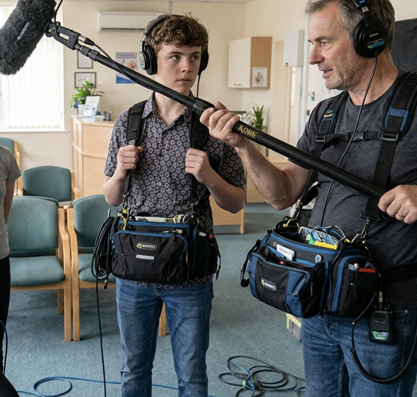 Student on boom mic duty on a FIGJAM school production